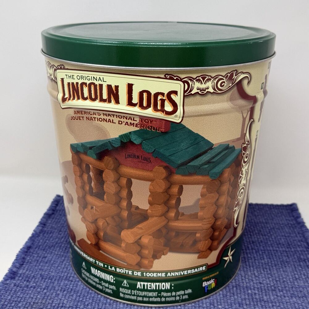 Classic Lincoln Logs 100th Anniversary Tin Building Set Complete 111 pc